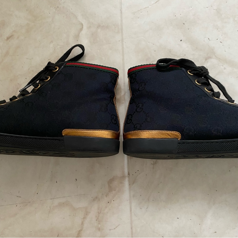$985 Gucci Made in Italy GG Monogram Black Leather Canvas High Top Sneakers 5.5 - Picture 6 of 13